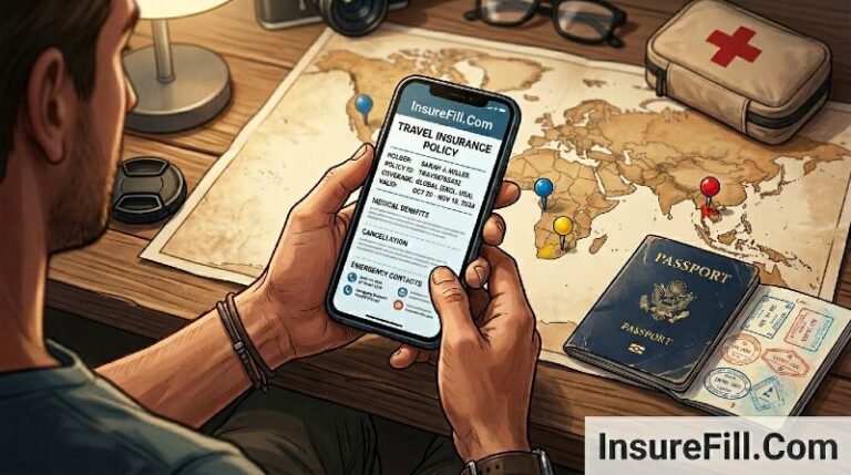 Backpacker reviewing insurance documents with illuminated world map showing coverage zones and emergency contacts