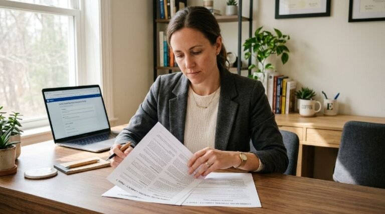 Small business owner reviewing brand defamation insurance policy documents at desk