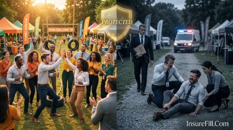 Corporate team outing event with insurance protection shield overlay preventing lawsuit risk exposure