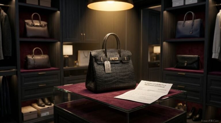 Luxury designer handbags displayed with insurance policy document and valuation tag