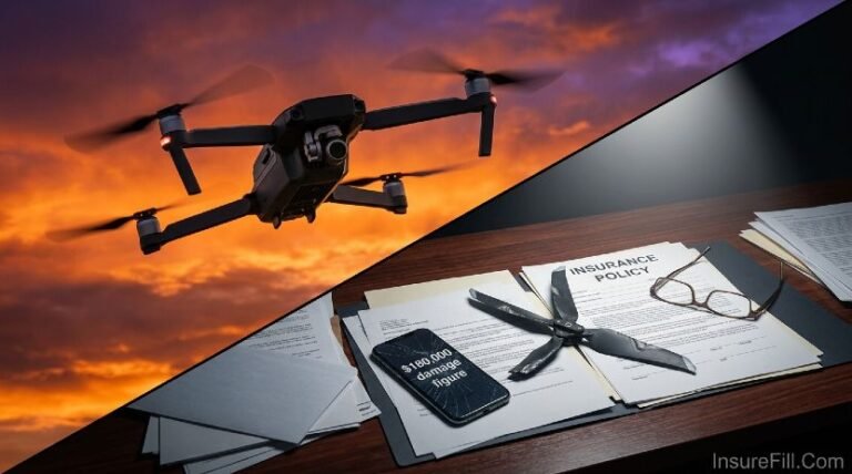 Commercial drone flying above legal documents showing drone liability insurance financial consequence
