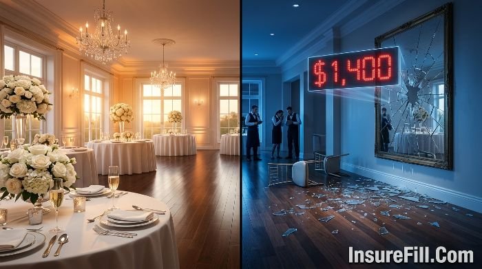 Event venue damage insurance coverage comparison showing wedding reception before and after costly mirror accident