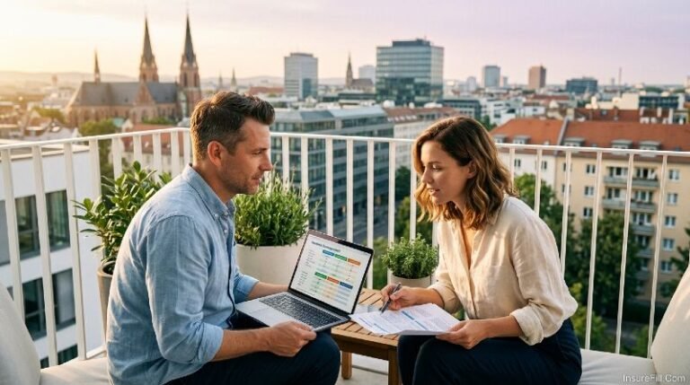 Young American expat couple reviewing medical insurance documents on laptop while sitting in modern apartment balcony overlooking foreign city skyline