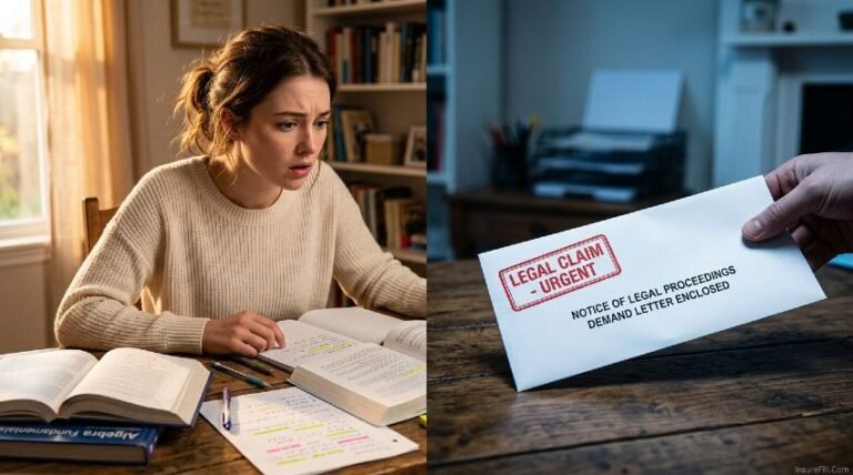 Freelance tutor shocked by legal claim document during tutoring session at home desk