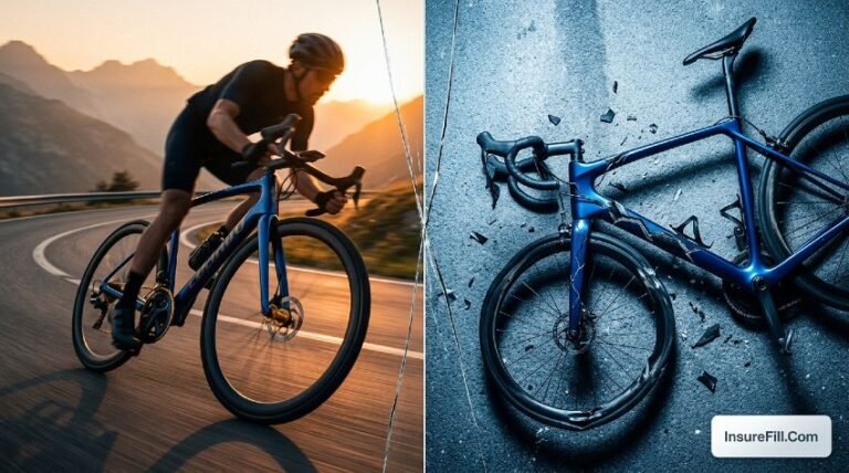 Expensive carbon road bike split between vibrant ride and shattered frame showing insurance protection need