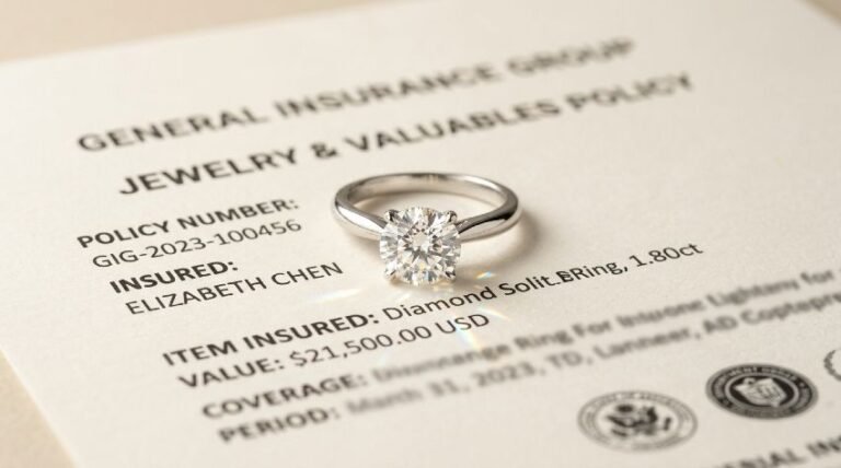 Diamond engagement ring placed on open jewelry replacement insurance policy document