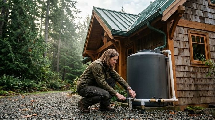 Green homeowner inspecting rainwater collection tank beside eco-friendly craftsman home exterior