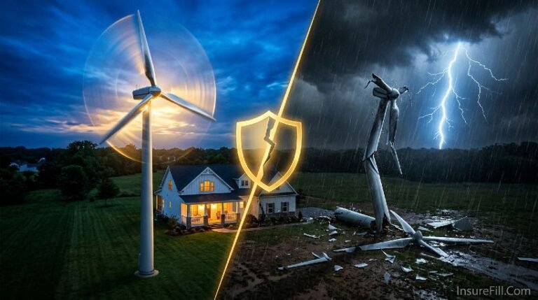 Split scene showing protected wind turbine versus collapsed turbine representing insurance coverage gap