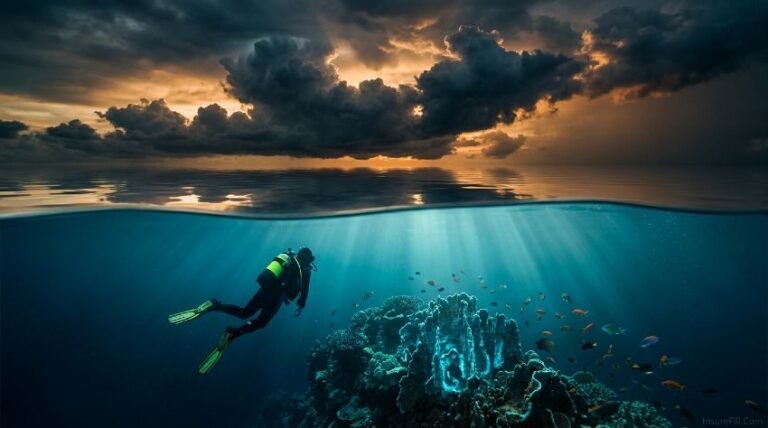 Scuba diver underwater with storm clouds above ocean surface split view