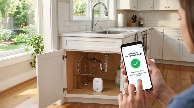 Modern smart home water leak detection sensor installed under kitchen sink with smartphone alert