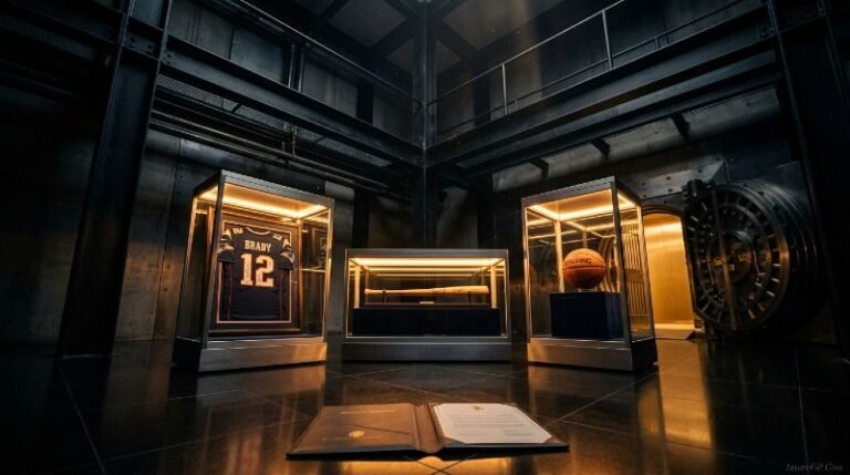 Rare signed sports memorabilia collection displayed in dramatic dark vault with golden lighting and insurance documents