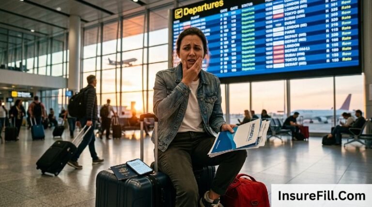 Anxious traveler holding jaw in pain at international airport with dental insurance documents and passport visible