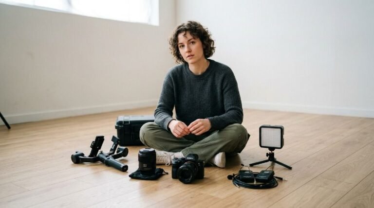 Amateur filmmaker surrounded by camera gear considering video production gear insurance coverage